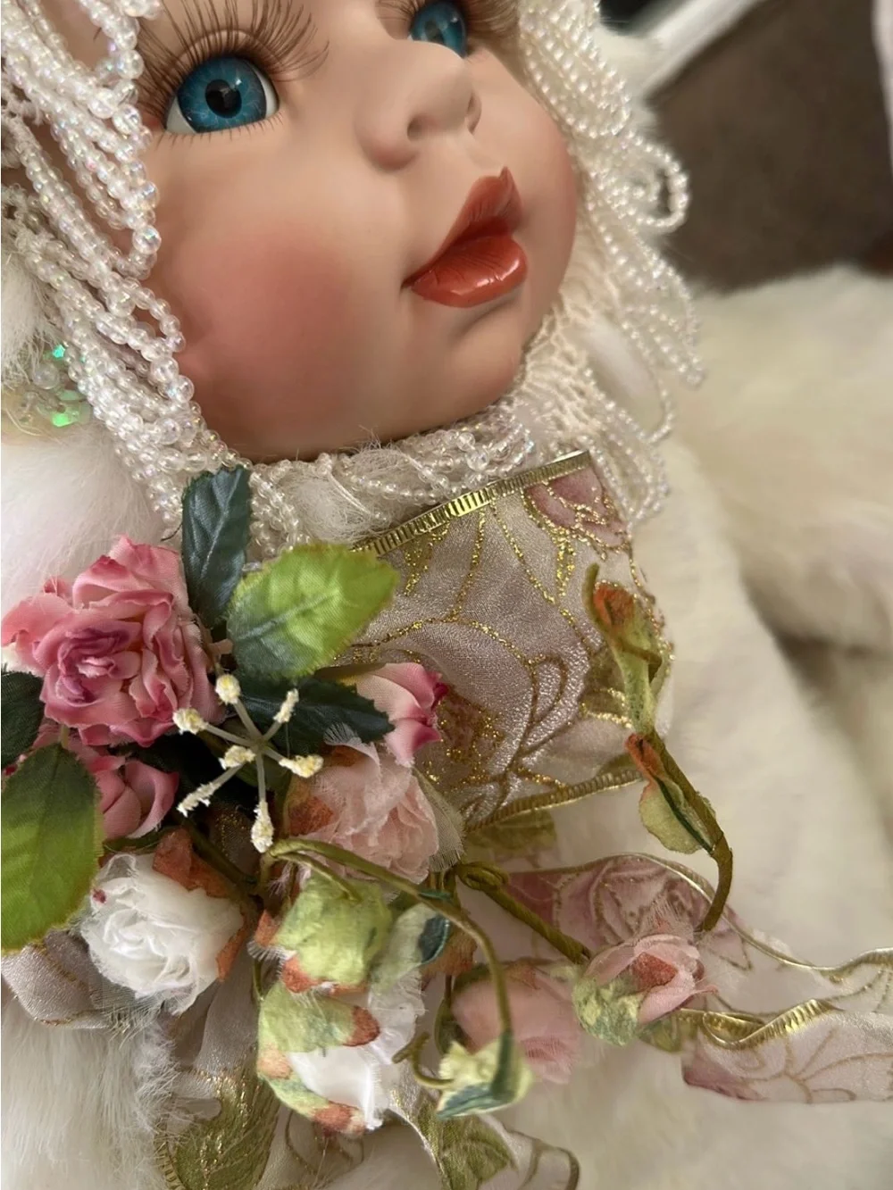 Plush White Teddy Bear Doll with Decorative Bonnet - Brand Unspecified